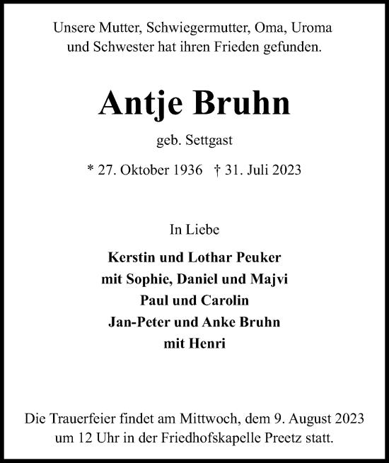 Traueranzeige von Antje Bruhn von Kieler Nachrichten