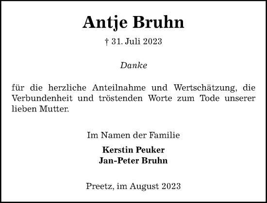 Traueranzeige von Antje Bruhn von Kieler Nachrichten