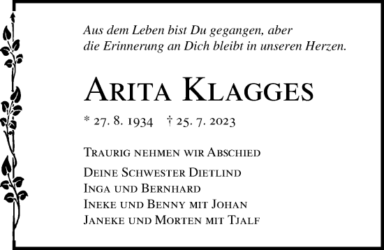 Traueranzeige von Arita Klagges von Lübecker Nachrichten