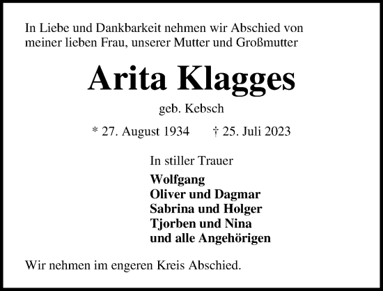 Traueranzeige von Arita Klagges von Lübecker Nachrichten