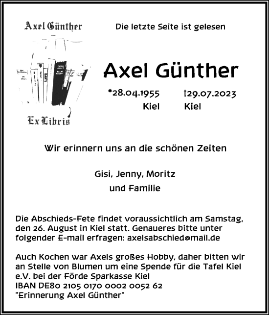 Traueranzeige von Axel Günther von Kieler Nachrichten