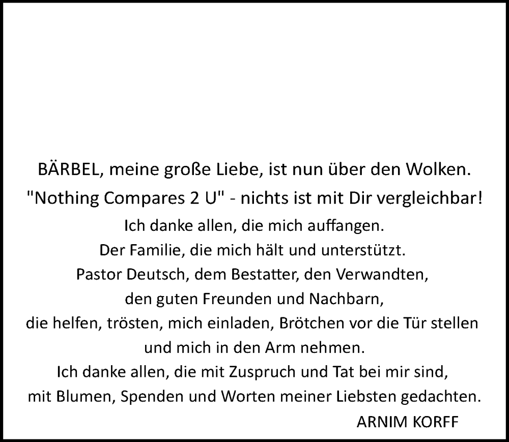  Traueranzeige für Bärbel Korff vom 26.08.2023 aus Hannoversche Allgemeine Zeitung/Neue Presse