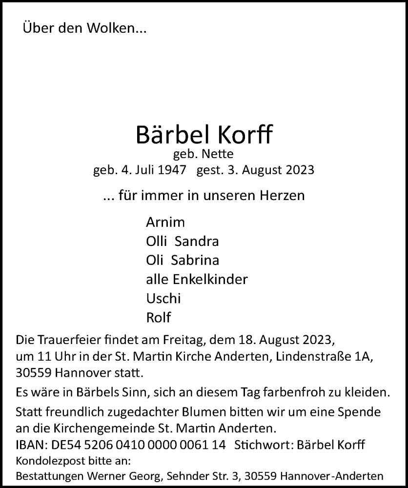  Traueranzeige für Bärbel Korff vom 12.08.2023 aus Hannoversche Allgemeine Zeitung/Neue Presse