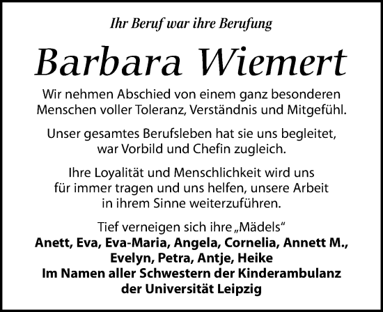 Traueranzeige von Barbara Wiemert von Leipziger Volkszeitung