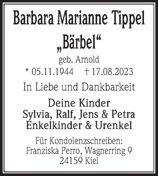 Traueranzeige von Barbara Marianne Tippel von Kieler Nachrichten