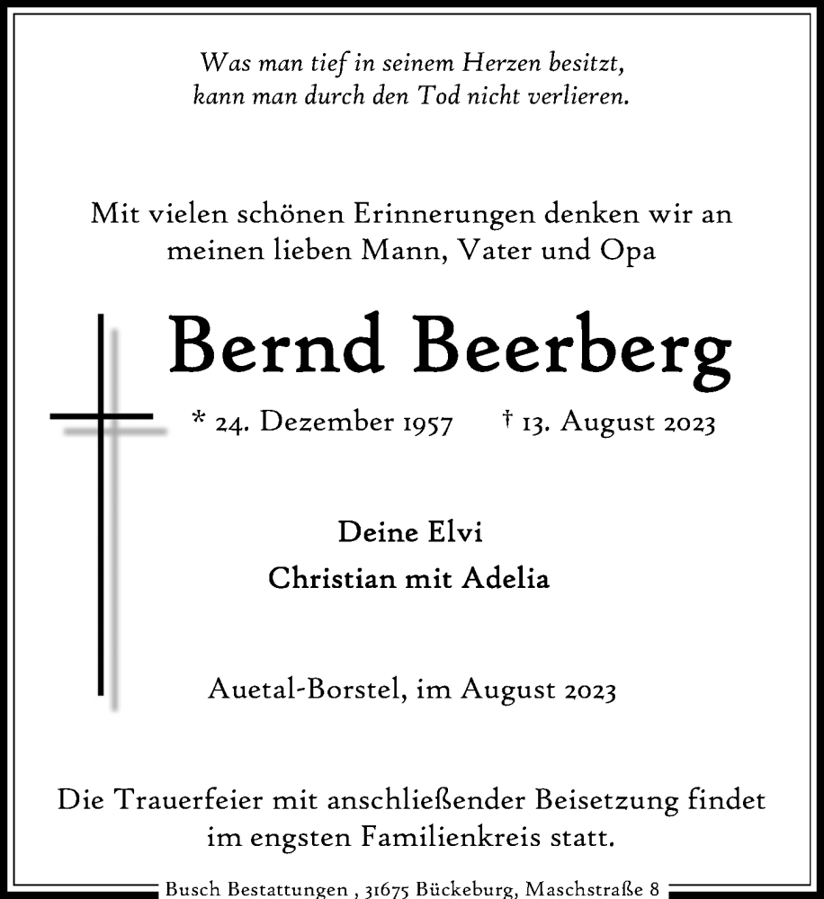  Traueranzeige für Bernd Beerberg vom 19.08.2023 aus Schaumburger Nachrichten