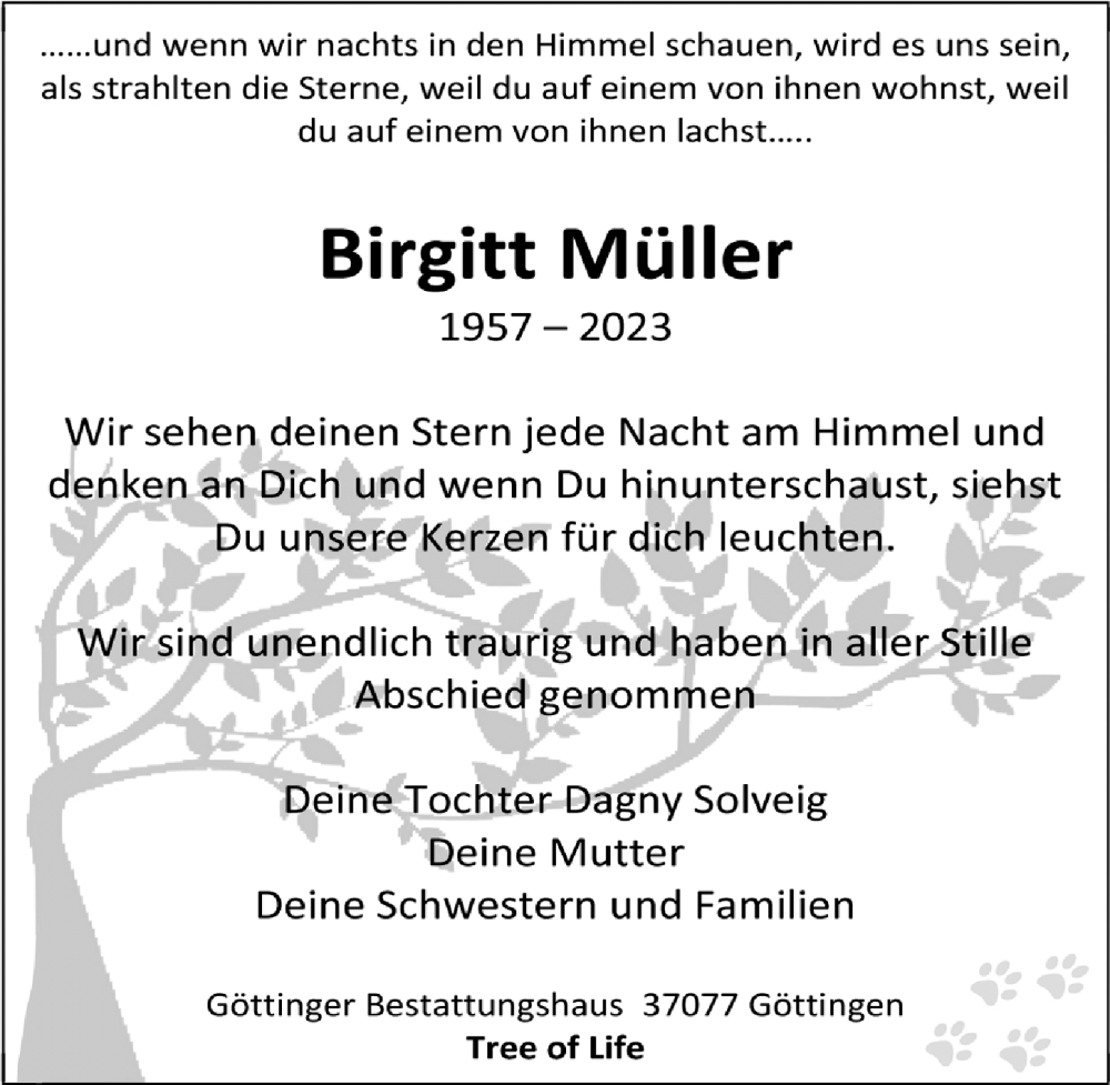  Traueranzeige für Birgitt Müller vom 26.08.2023 aus Göttinger Tageblatt