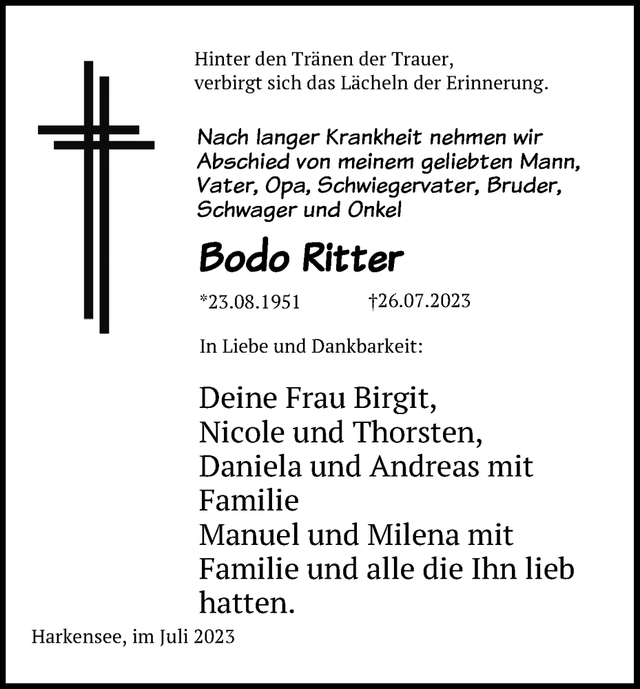  Traueranzeige für Bodo Ritter vom 01.08.2023 aus Ostsee-Zeitung GmbH