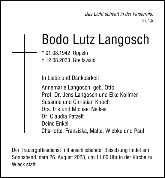 Traueranzeige von Bodo Lutz Langosch von Ostsee-Zeitung GmbH