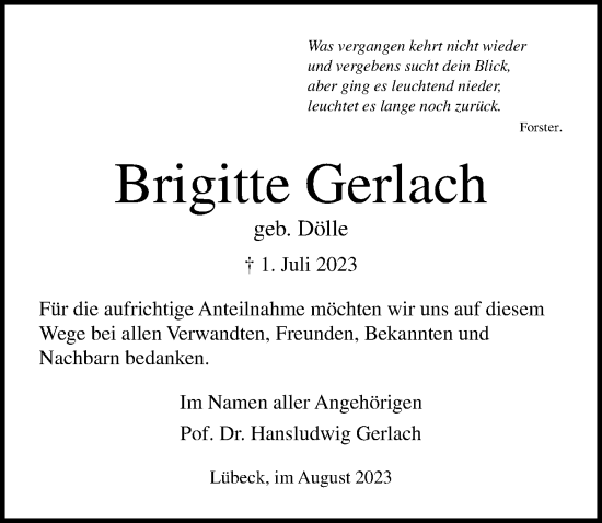 Traueranzeige von Brigitte Gerlach von Lübecker Nachrichten
