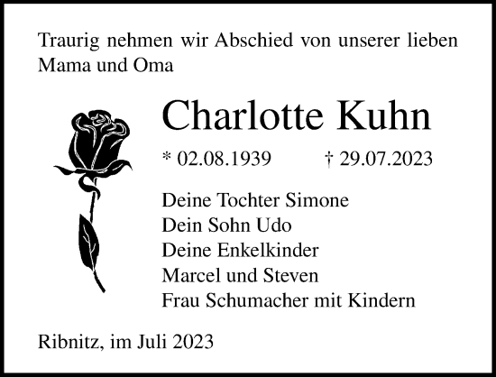 Traueranzeige von Charlotte Kuhn von Ostsee-Zeitung GmbH