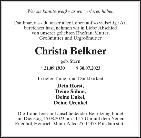 Traueranzeige von Christa Belkner von Märkischen Allgemeine Zeitung