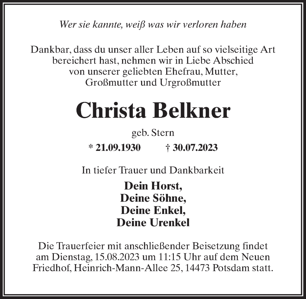  Traueranzeige für Christa Belkner vom 05.08.2023 aus Märkischen Allgemeine Zeitung