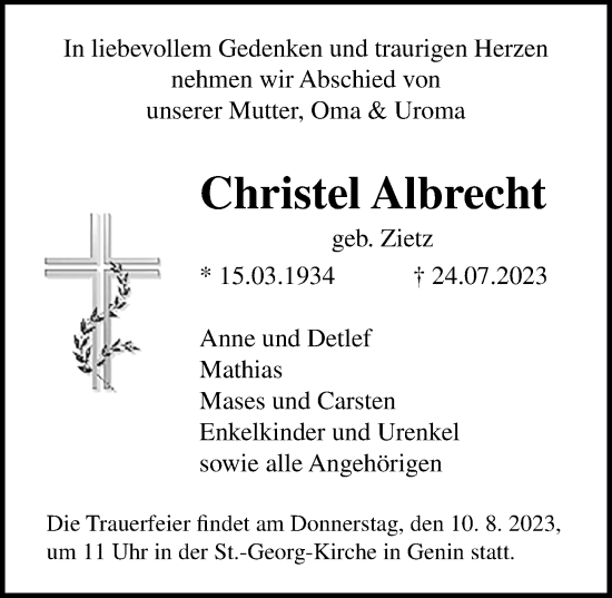 Traueranzeige von Christel Albrecht von Lübecker Nachrichten