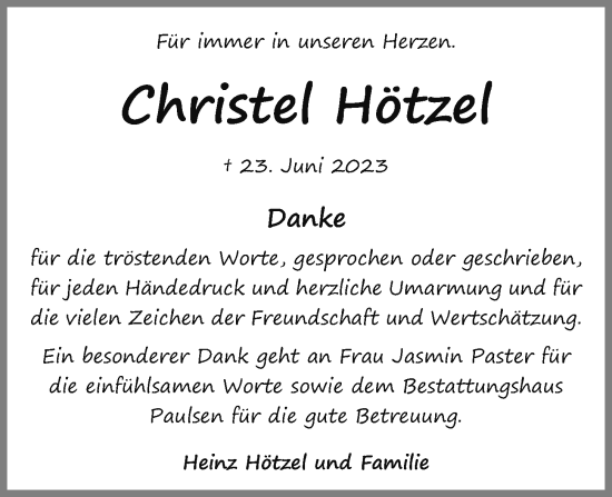 Traueranzeige von Christel Hötzel von Kieler Nachrichten