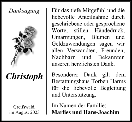 Traueranzeige von Christoph  von Ostsee-Zeitung GmbH