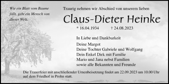 Traueranzeige von Claus-Dieter Heinke von Ostsee-Zeitung GmbH