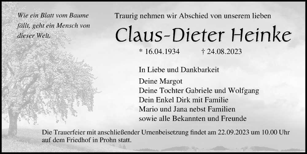  Traueranzeige für Claus-Dieter Heinke vom 26.08.2023 aus Ostsee-Zeitung GmbH