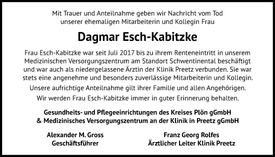 Traueranzeige von Dagmar Esch-Kabitzke von Kieler Nachrichten