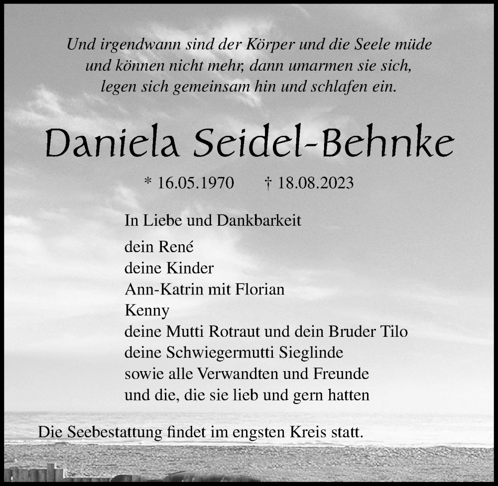  Traueranzeige für Daniela Seidel-Behnke vom 26.08.2023 aus Ostsee-Zeitung GmbH