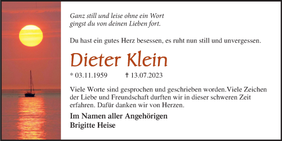 Traueranzeige von Dieter Klein von Ostsee-Zeitung GmbH