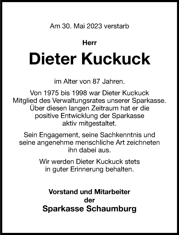  Traueranzeige für Dieter Kuckuck vom 06.06.2023 aus Schaumburger Nachrichten
