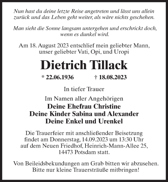 Traueranzeige von Dietrich Tillack von Märkischen Allgemeine Zeitung