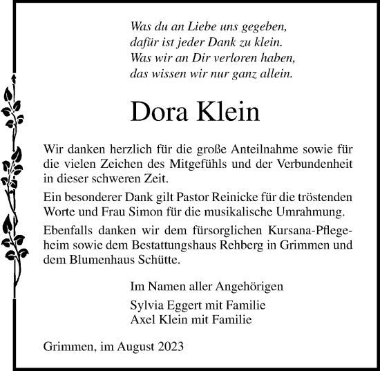 Traueranzeige von Dora Klein von Ostsee-Zeitung GmbH