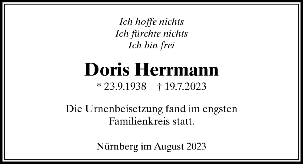  Traueranzeige für Doris Herrmann vom 29.08.2023 aus Göttinger Tageblatt