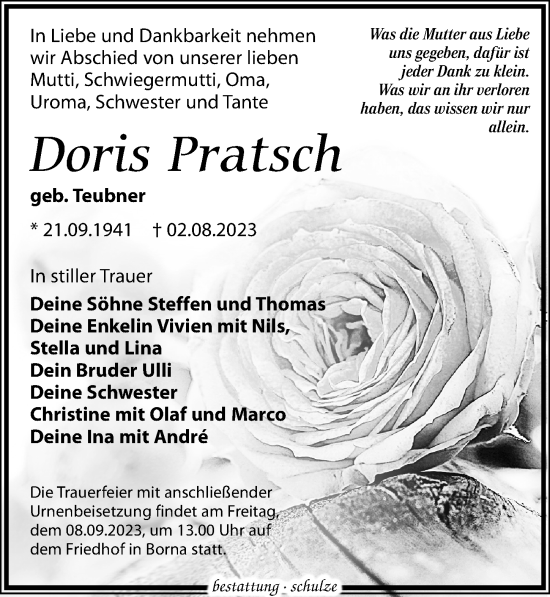 Traueranzeige von Doris Pratsch von Leipziger Volkszeitung