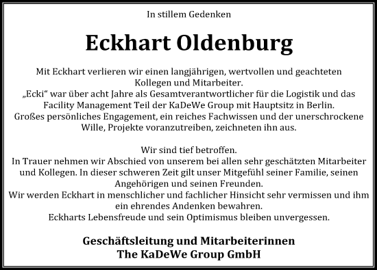 Traueranzeige von Eckhart Oldenburg von Schaumburger Nachrichten