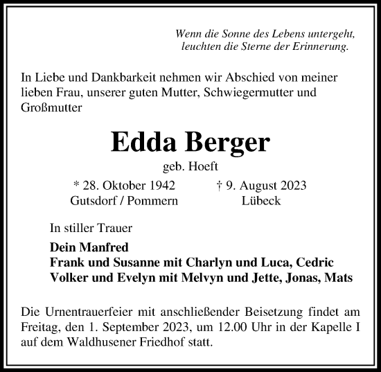 Traueranzeige von Edda Berger von Lübecker Nachrichten