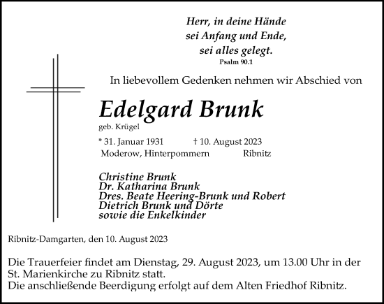Traueranzeige von Edelgard Brunk von Ostsee-Zeitung GmbH
