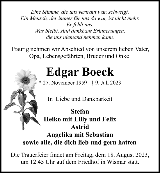 Traueranzeige von Edgar Boeck von Ostsee-Zeitung GmbH