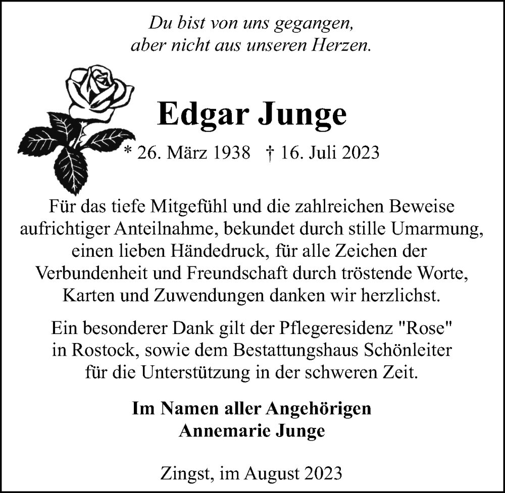  Traueranzeige für Edgar Junge vom 26.08.2023 aus Ostsee-Zeitung GmbH