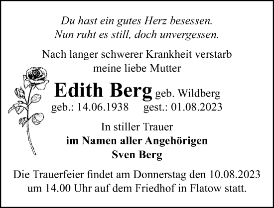 Traueranzeige von Edith Berg von Märkischen Allgemeine Zeitung