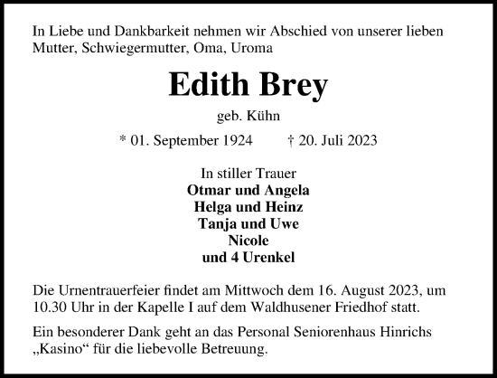 Traueranzeige von Edith Brey von Lübecker Nachrichten