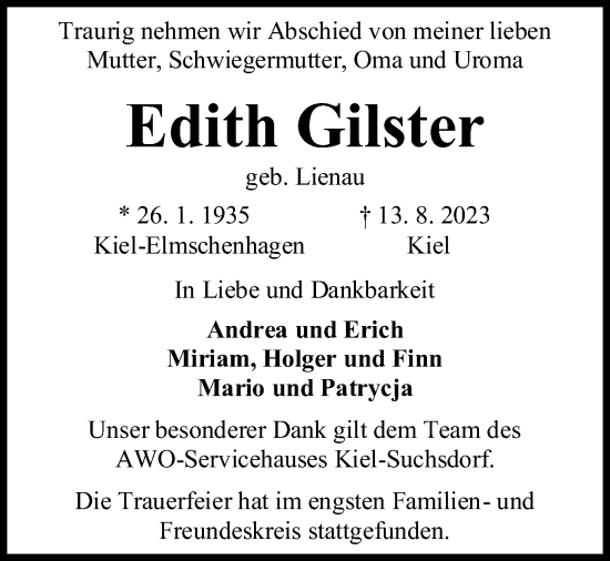 Traueranzeige von Edith Gilster von Kieler Nachrichten