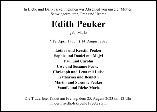 Traueranzeige von Edith Peuker von Kieler Nachrichten