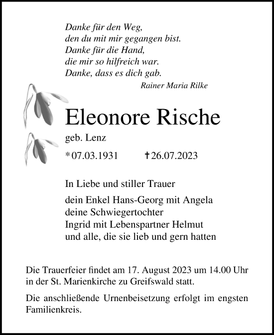 Traueranzeige von Eleonore Rische von Ostsee-Zeitung GmbH