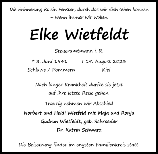 Traueranzeige von Elke Wietfeldt von Kieler Nachrichten