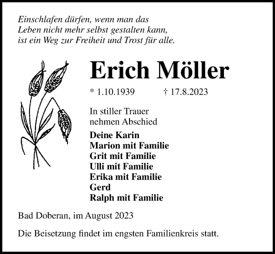 Traueranzeige von Erich Möller von Ostsee-Zeitung GmbH