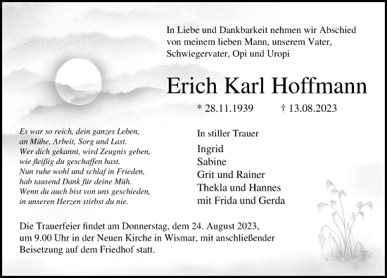 Traueranzeige von Erich Karl Hoffmann von Ostsee-Zeitung GmbH