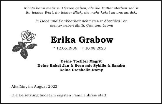 Traueranzeige von Erika Grabow von Ostsee-Zeitung GmbH