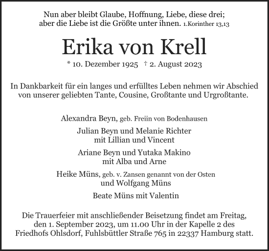 Traueranzeige von Erika von Krell von Hannoversche Allgemeine Zeitung/Neue Presse