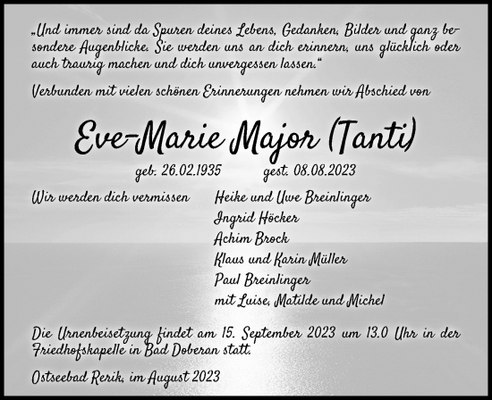 Traueranzeige von Eve-Marie Major von Ostsee-Zeitung GmbH
