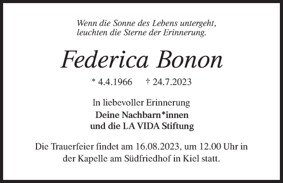 Traueranzeige von Federica Bonon von Kieler Nachrichten