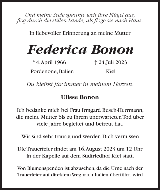 Traueranzeige von Federica Bonon von Kieler Nachrichten