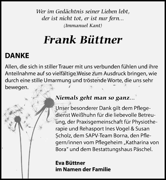 Traueranzeige von Frank Büttner von Leipziger Volkszeitung