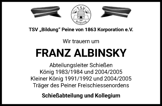Traueranzeige von Franz Albinsky von Peiner Allgemeine Zeitung